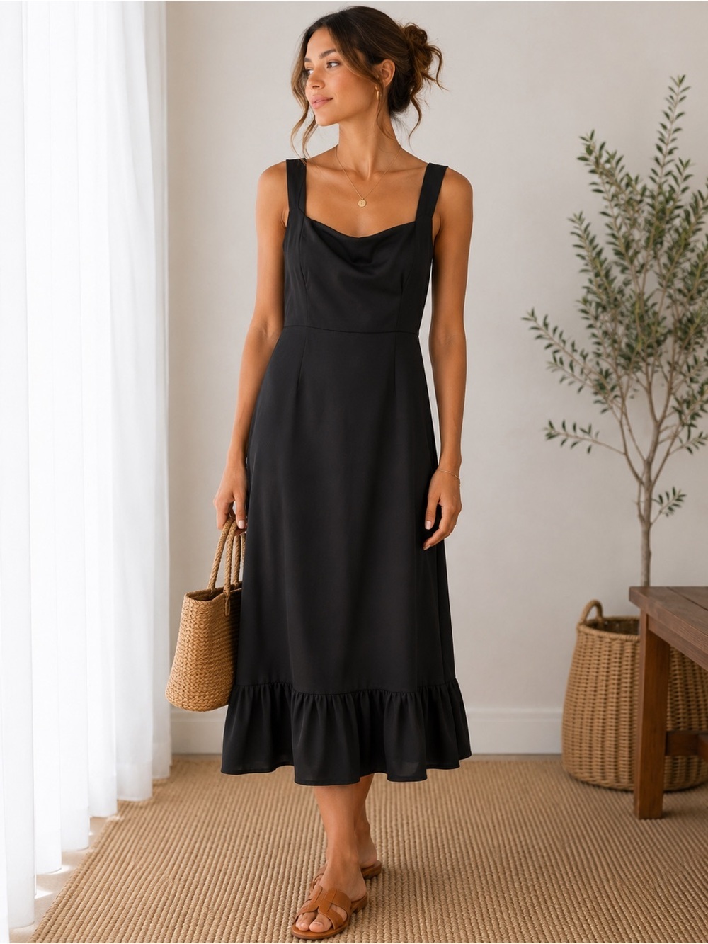 Laundry by Shelli Segal Womenβs Black Ruffle Hem Midi Dress. Size: 12
